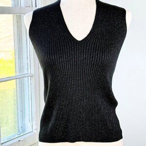 Y2K Metallic Silver Shimmer Black Sleeveless Top Small Ribbed 90s Minimalist